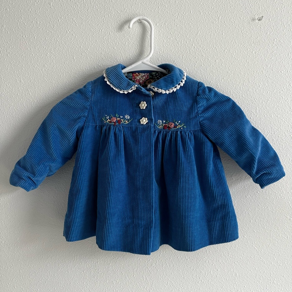 Blue Corduroy Infant Jacket with Floral Embroidery